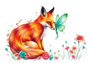 Fox made of fire with a fairy standing close to it  in a field of lillys and emerald jem stones tattoo idea