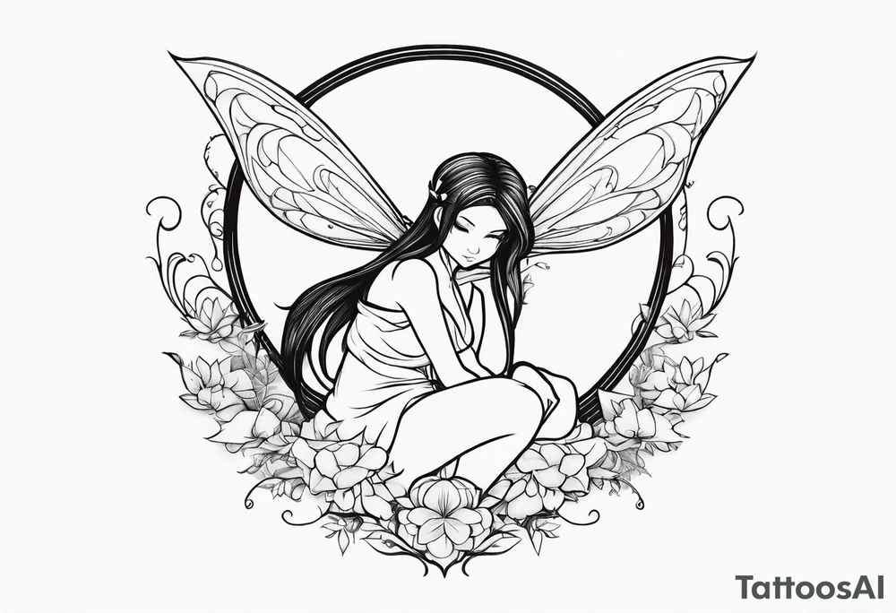 A fairy with a tail inspired by the logo of the show called Fairy Tail in a fetal position tattoo idea