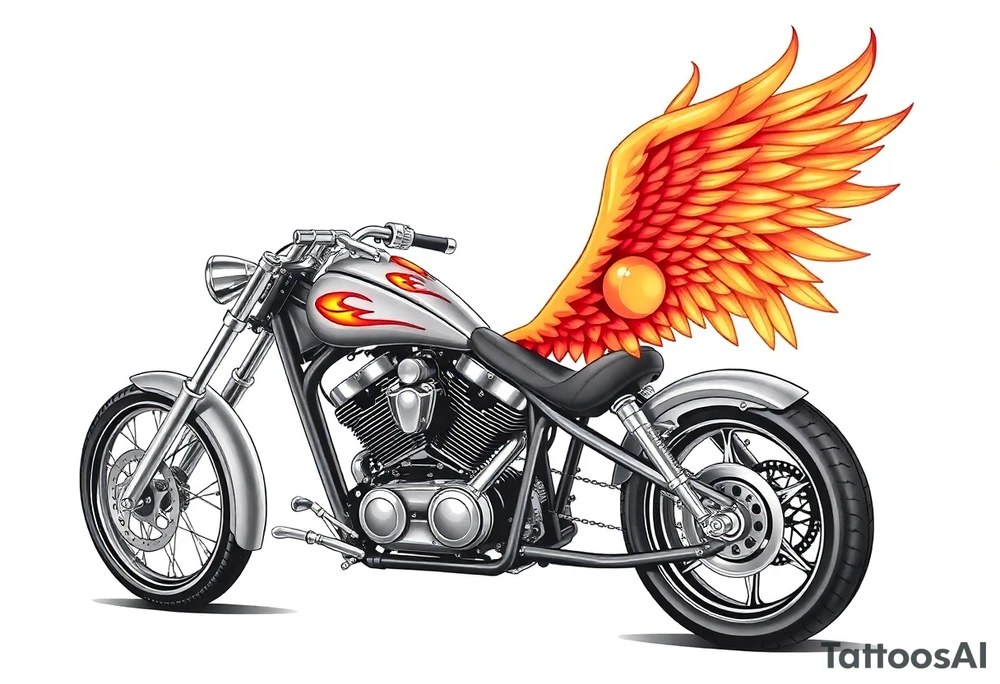 Low rider grey motorcycle, flames, angel wings tattoo idea