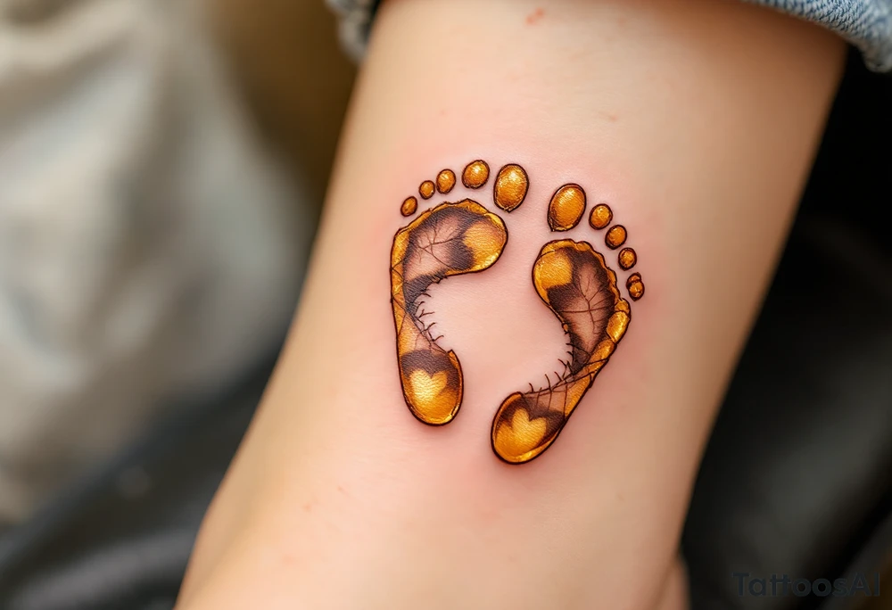 Golden yellow and soft brown footprints of Lukáš, paired with a heart to symbolize the love he brings into the world. tattoo idea