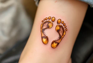 Golden yellow and soft brown footprints of Lukáš, paired with a heart to symbolize the love he brings into the world. tattoo idea