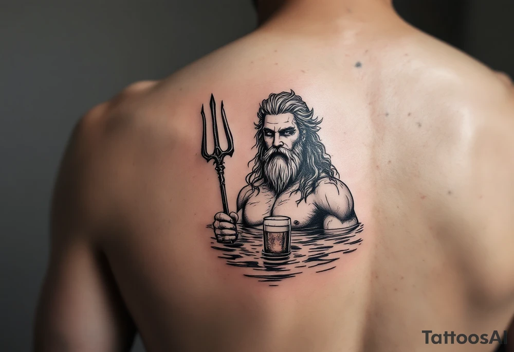 neptune with trident half way in calm water with a beer tattoo idea