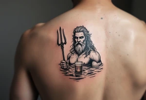 neptune with trident half way in calm water with a beer tattoo idea