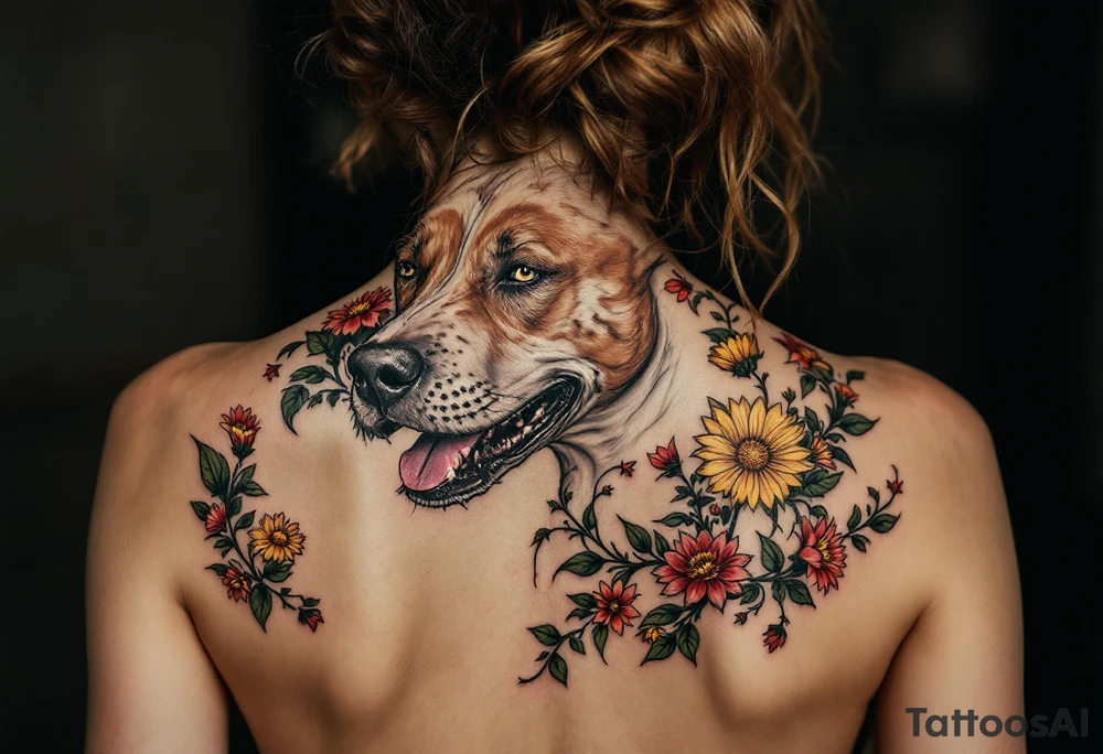 Pitbull made of floral patterns, full-body design with brown fur subtly blending into red and yellow flowers and green vines. tattoo idea