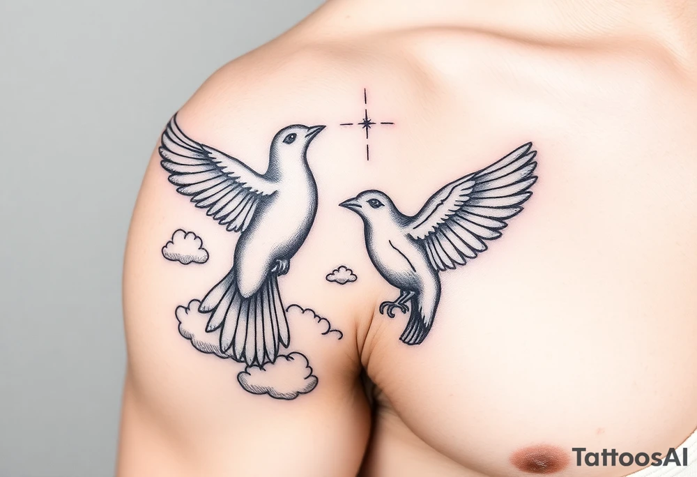 Dove and a blue jay, clouds, shining light to or from heaven tattoo idea