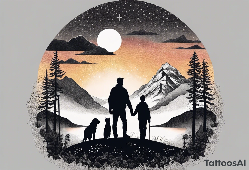 nature, sunset, mountains, a father and son hiking with their dog and cat and a cross tattoo idea