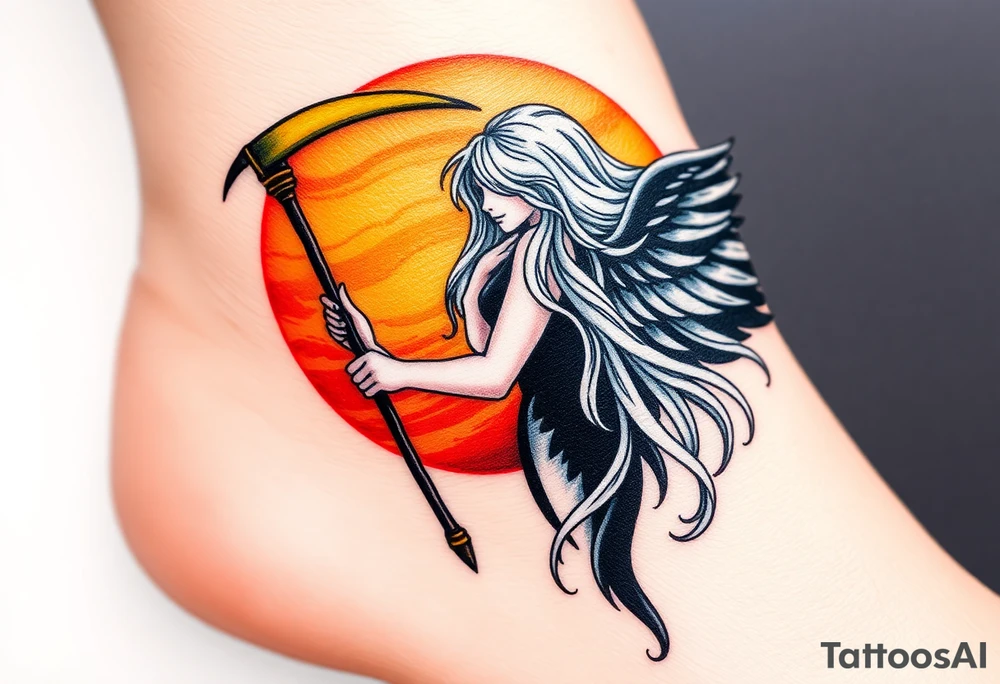 A black-winged angel with flowing silver hair, holding a glowing golden scythe, the background a vibrant mix of red and orange sunset hues. tattoo idea