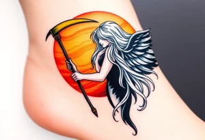 A black-winged angel with flowing silver hair, holding a glowing golden scythe, the background a vibrant mix of red and orange sunset hues. tattoo idea