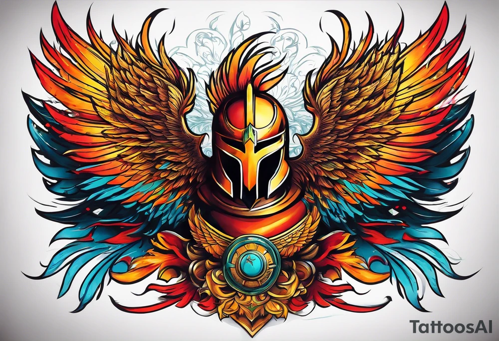 A Spartan Helmet with a phoenix encompassing it. The head of the phoenix would be above it and the wings would go around it and the tail would be below it tattoo idea