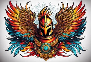 A Spartan Helmet with a phoenix encompassing it. The head of the phoenix would be above it and the wings would go around it and the tail would be below it tattoo idea
