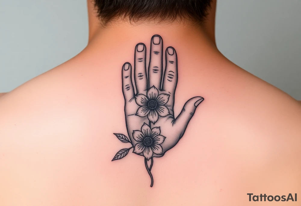 Baby hand print, Freya, 25.07.2024, larkspur flower tattoo idea