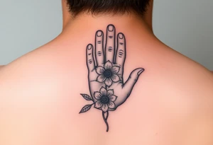 Baby hand print, Freya, 25.07.2024, larkspur flower tattoo idea