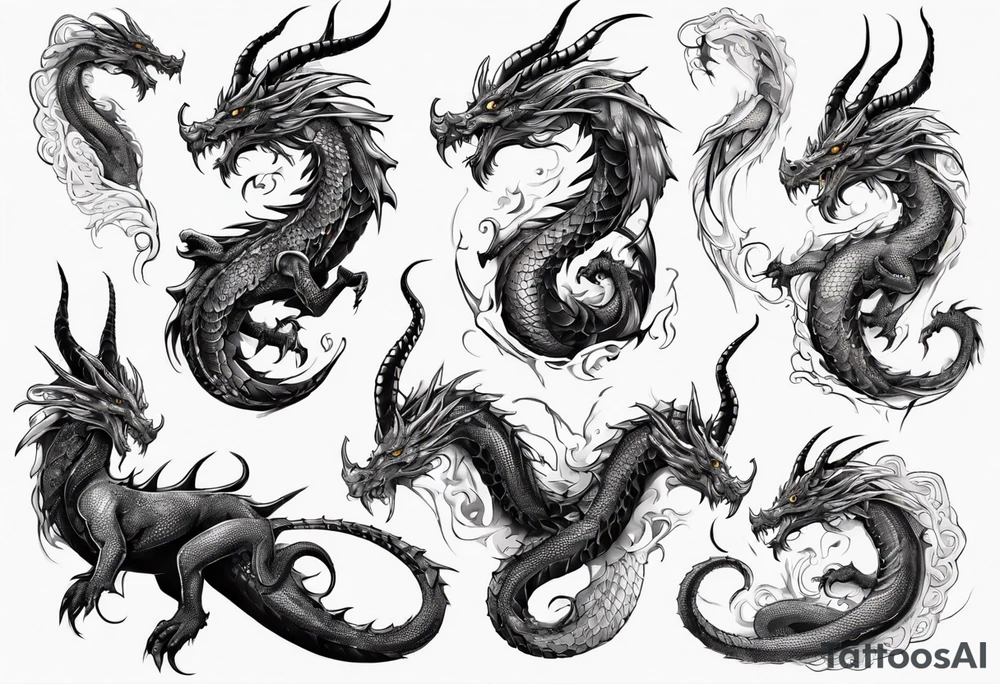 long dragon with horns, mane, scales all over the body tattoo idea