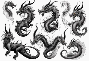 long dragon with horns, mane, scales all over the body tattoo idea
