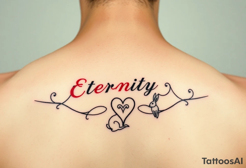 Eternity in elegant font in red and heart and rabbit zodiac sign tattoo idea