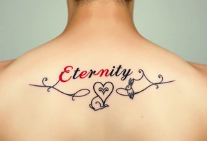 Eternity in elegant font in red and heart and rabbit zodiac sign tattoo idea