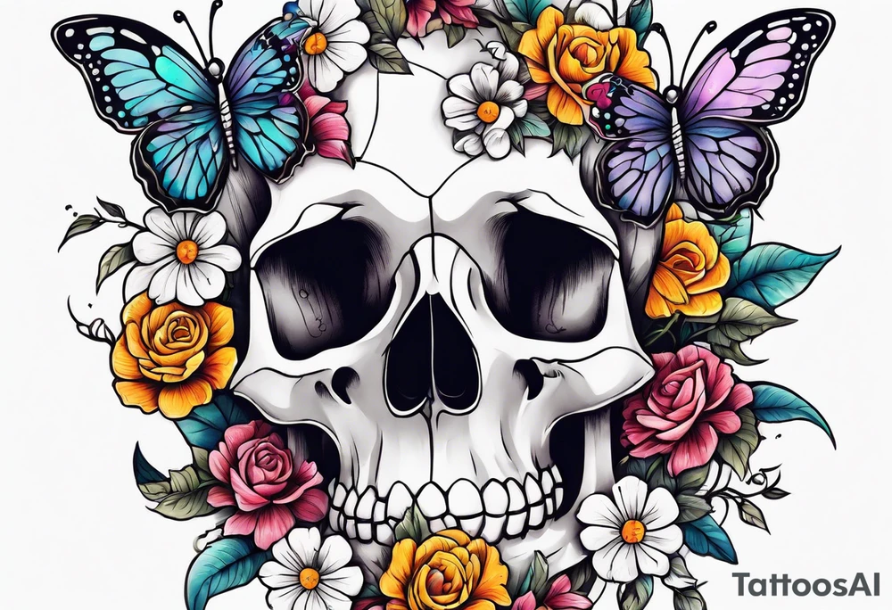 rib bones with flowers surrounding it and butterflies tattoo idea