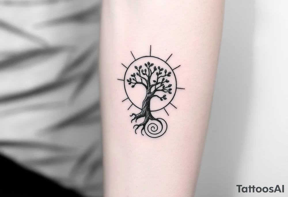 A tree inside of the sun, with little leaves, with an outward spiral line (moving to the right), as its roots. tattoo idea