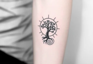 A tree inside of the sun, with little leaves, with an outward spiral line (moving to the right), as its roots. tattoo idea