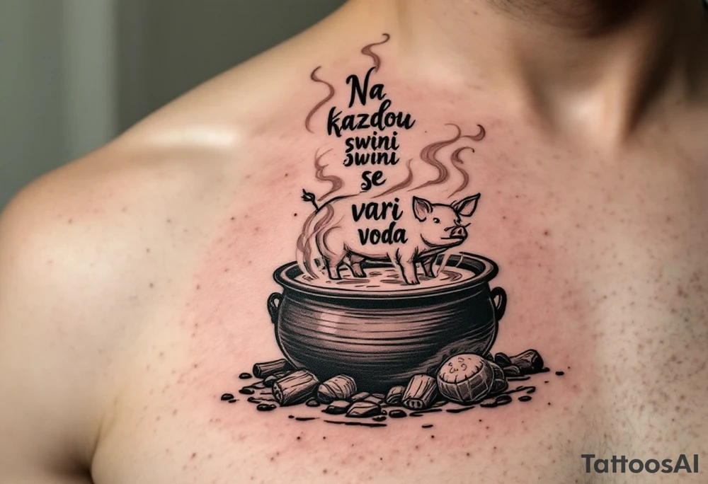 "Na kazdou svini se vari voda." — A boiling cauldron with a pig silhouette formed in steam, inked in dark greens and browns, and the quote spiraling upward. tattoo idea