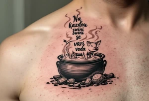 "Na kazdou svini se vari voda." — A boiling cauldron with a pig silhouette formed in steam, inked in dark greens and browns, and the quote spiraling upward. tattoo idea