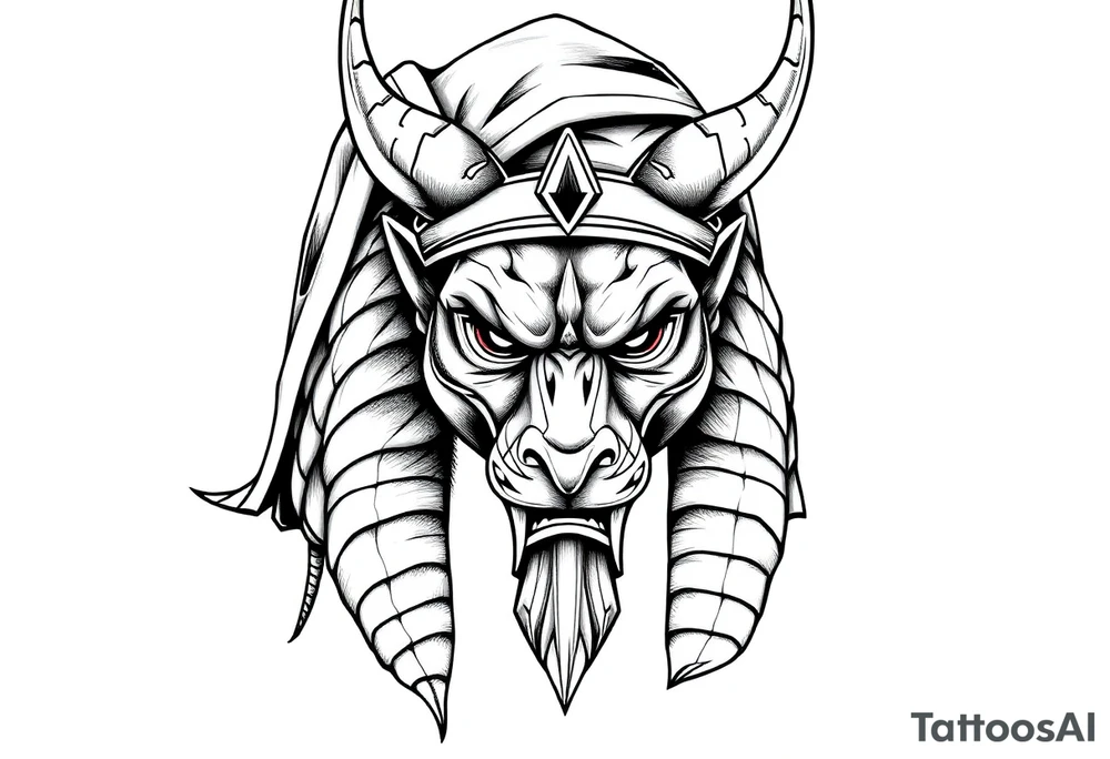 Anubis god powerful face muscle in Egypt style with mantle on head tattoo idea
