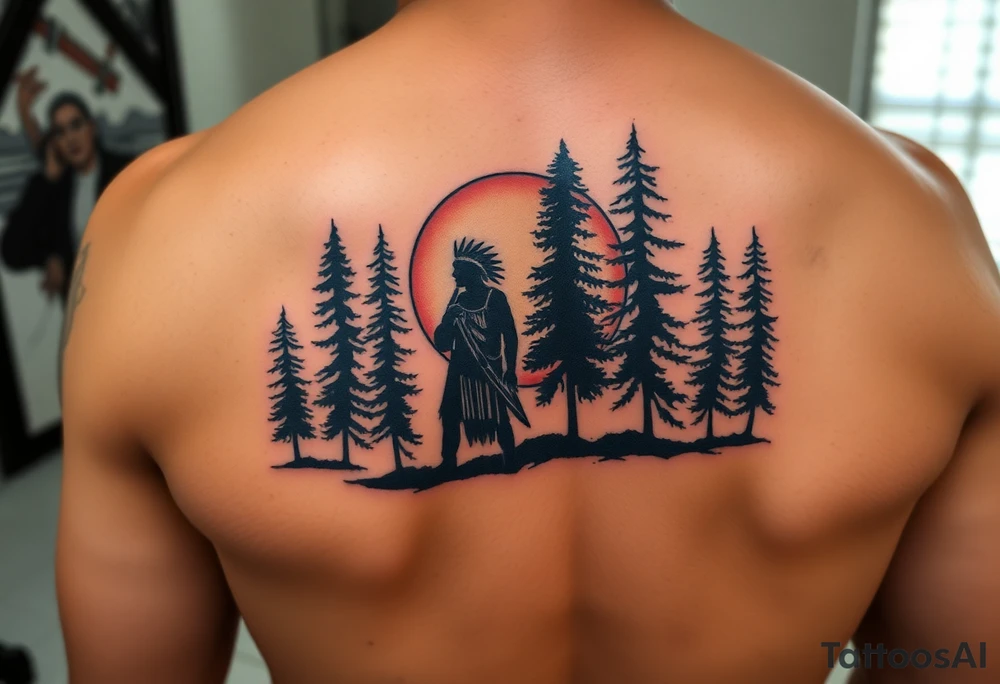 Native american warriors silhouette at sunset with cedar trees tattoo idea