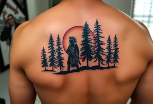 Native american warriors silhouette at sunset with cedar trees tattoo idea