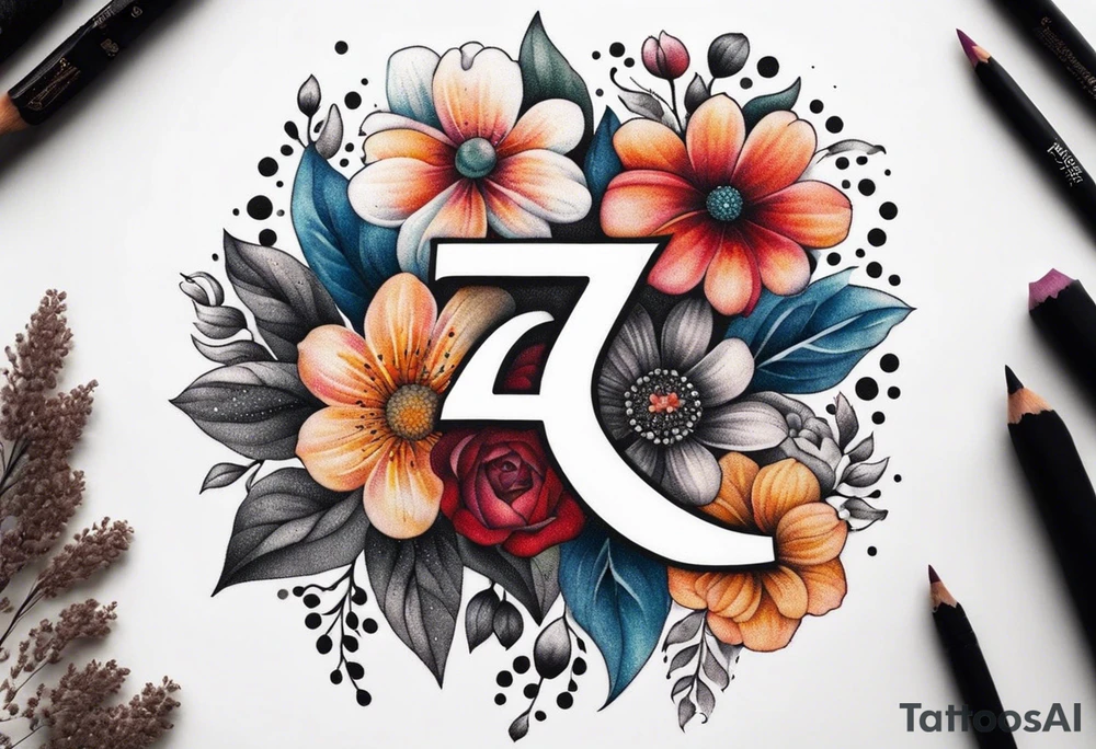The number seven surrounded by colorful flowers tattoo idea
