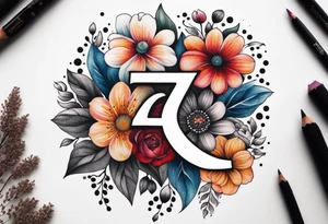 The number seven surrounded by colorful flowers tattoo idea