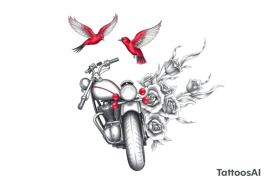 Motorcycle driving away, two red birds flying, roses and lace, flames tattoo idea