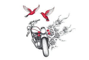 Motorcycle driving away, two red birds flying, roses and lace, flames tattoo idea