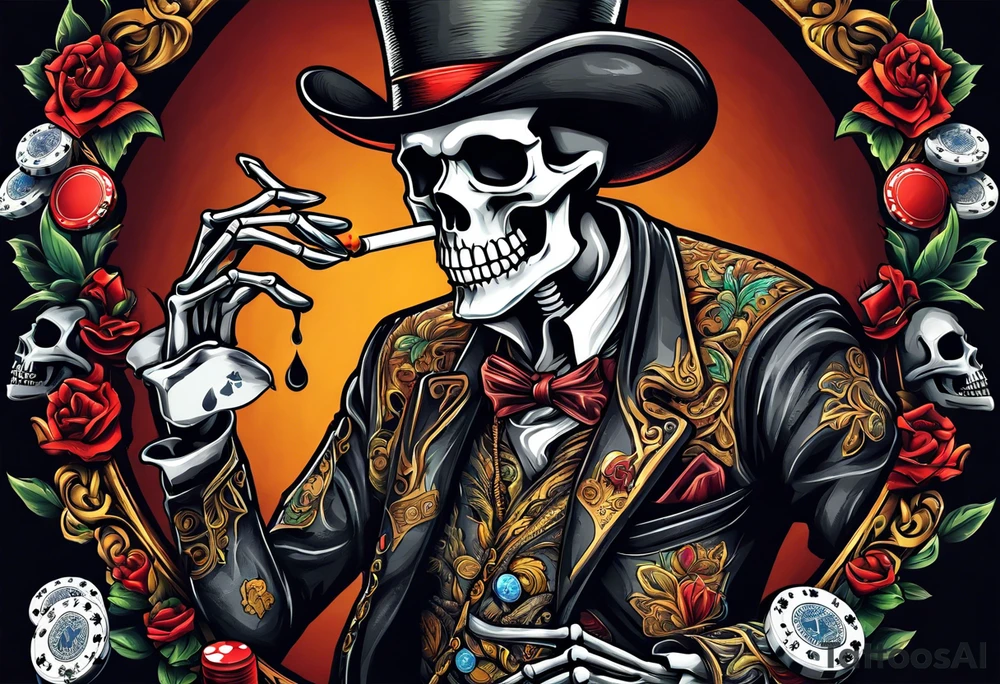 skeleton smoking cigar with poker chips tattoo idea