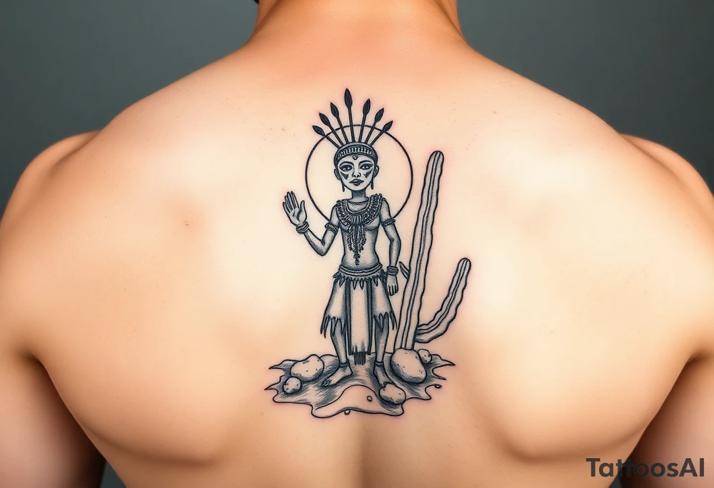 Kokopelli persona in desert scene with cactus and sun tattoo idea