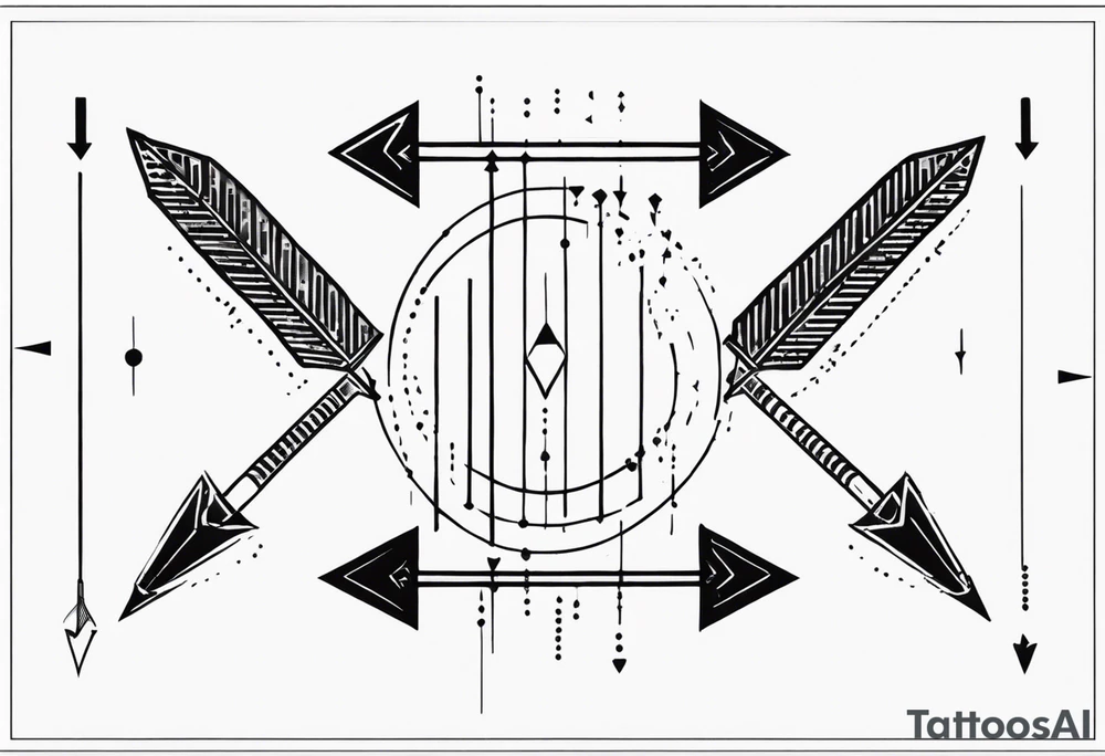 three minimalistic parallel arrows.
The first arrow broken near the flight.
the second middle arrow in tact. the third arrow broken near the head. morse code for JAK in the design. tattoo idea