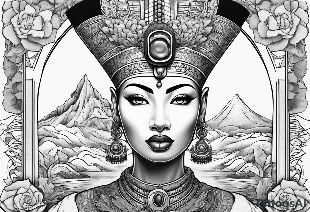 nerfertiti with asian style, dragon to cover half arm tattoo idea
