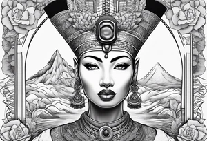 nerfertiti with asian style, dragon to cover half arm tattoo idea