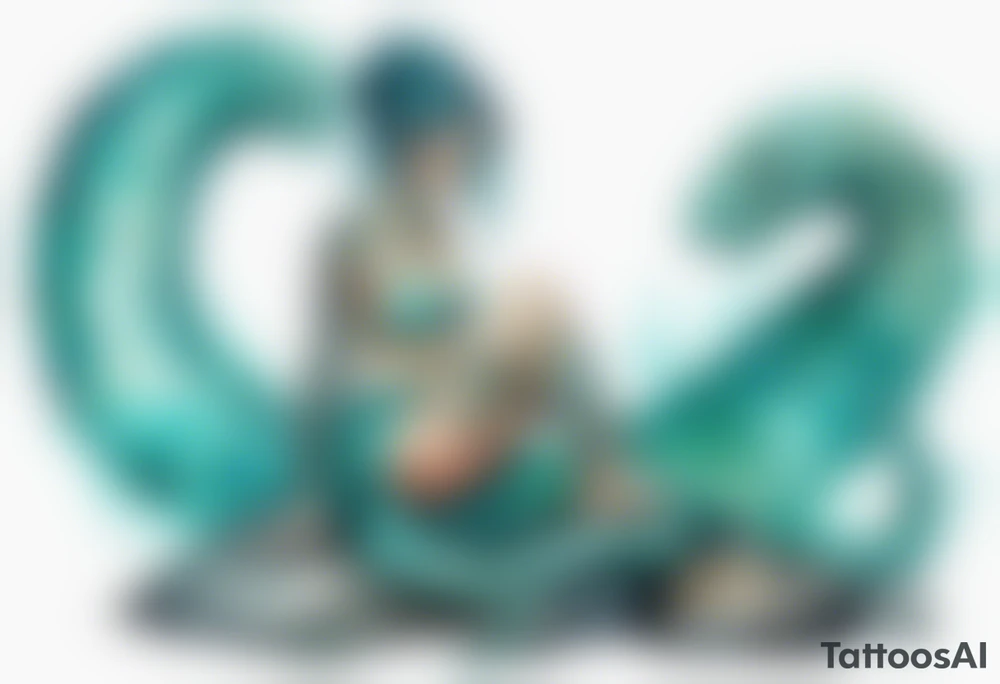 A sea serpent woman hybrid covered in turquois scales sitting on rocks by the ocean tattoo idea