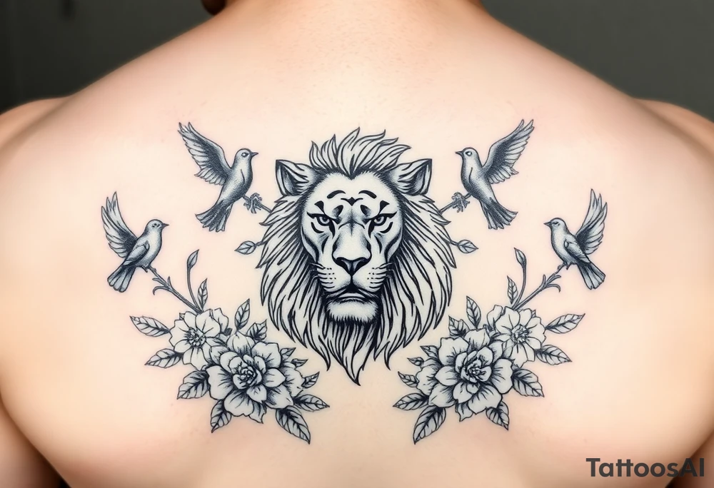 powerful lion surrounded by floral ornaments and birds tattoo idea