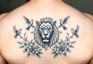 powerful lion surrounded by floral ornaments and birds tattoo idea