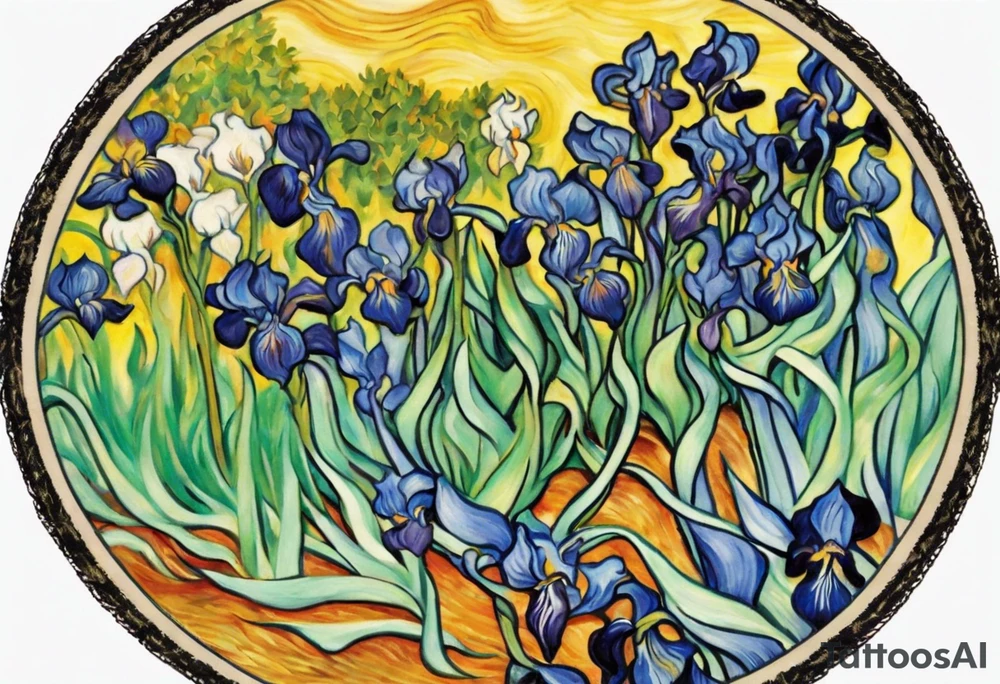 Create a condensed, thick, colorful Vincent van Gogh's Irises tattoo, with vines in Celtic knots gracefully holding mountains. The intended placement is on the upper chest. The overall design should be small in size while maintaining a delicate and artistic aesthetic. Pay attention to the graceful flow of the vines and the placement of the irises to achieve a refined and elegant look. tattoo idea