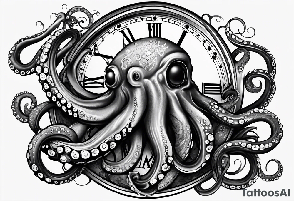 pocket watch wrapped under an aggressive octopus, 3/4 perspective tattoo idea