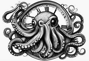 pocket watch wrapped under an aggressive octopus, 3/4 perspective tattoo idea