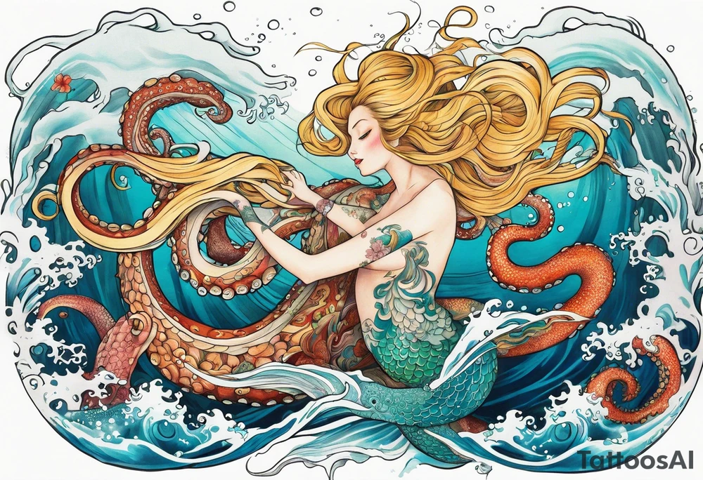 Giant octopus and blond mermaid frolicking in the sea tattoo idea