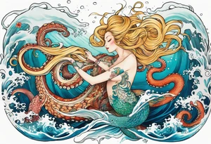 Giant octopus and blond mermaid frolicking in the sea tattoo idea