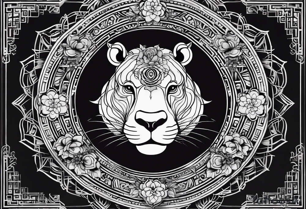 Very asymmetrical, +geometric pattern, with realistic full moon, with big eyes small ears 
hippo, +zen feel, + Buddhism touch, +tribal, +geometric, +inkart 
with wintersweet flower bud, +portrait orientation, +inkart touch, tattoo idea