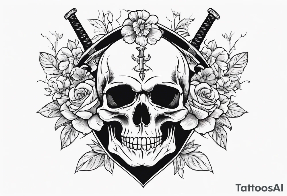 Skull with a sword stabbing through chin all the way to the top of head with flowers around the sword tattoo idea