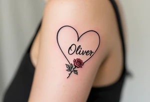 A simple black heart outline, with name "Oliver" elegantly engraved inside, accompanied by a small red rose at the bottom, representing timeless love. tattoo idea