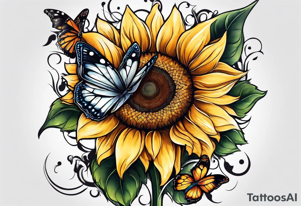 Sunflower and butterfly leg sleeve tattoo idea