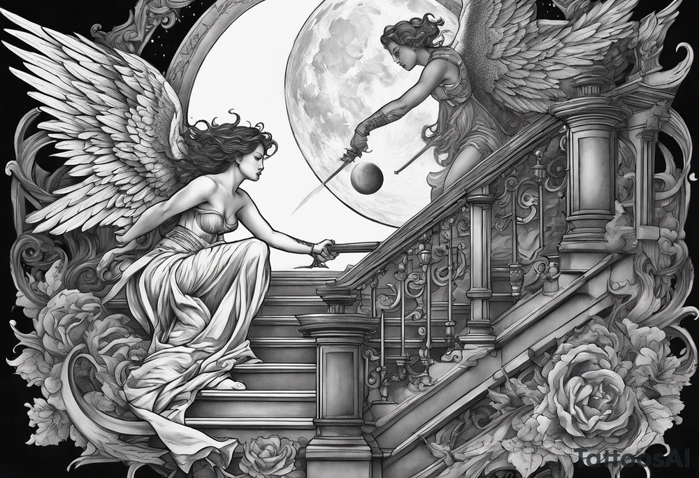 angel fighting a demon w a staircase going up to a moon in the background tattoo idea